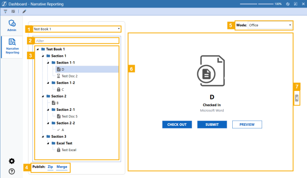 Narrative Reporting dashboard displaying tree navigation and document statuses.